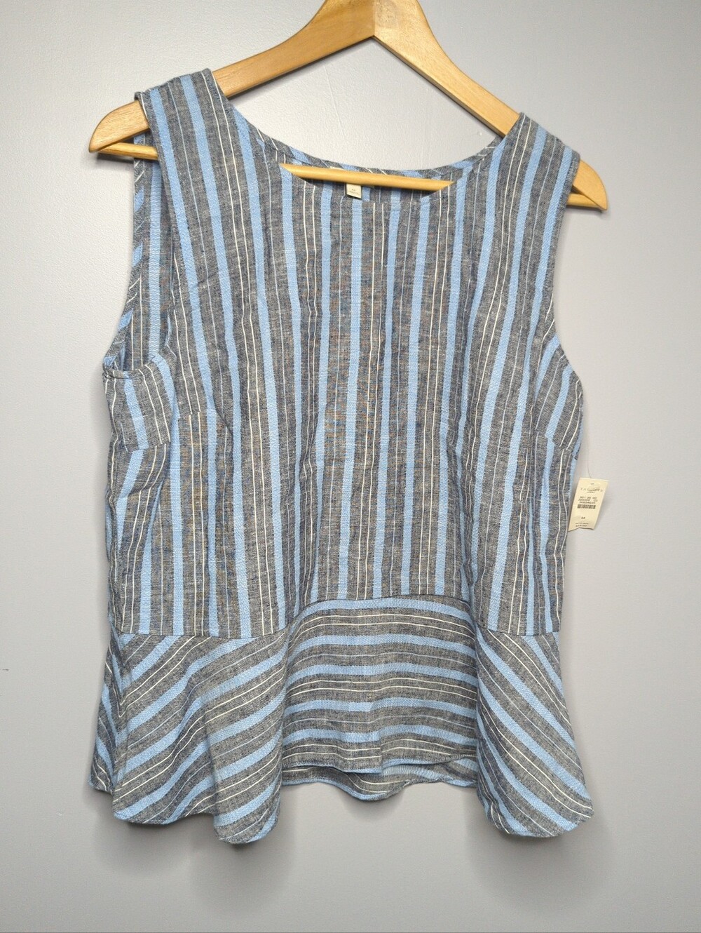 Talbots Size M Blue Woven Linen & Cotton Striped Sleeveless Peplum Top NWT